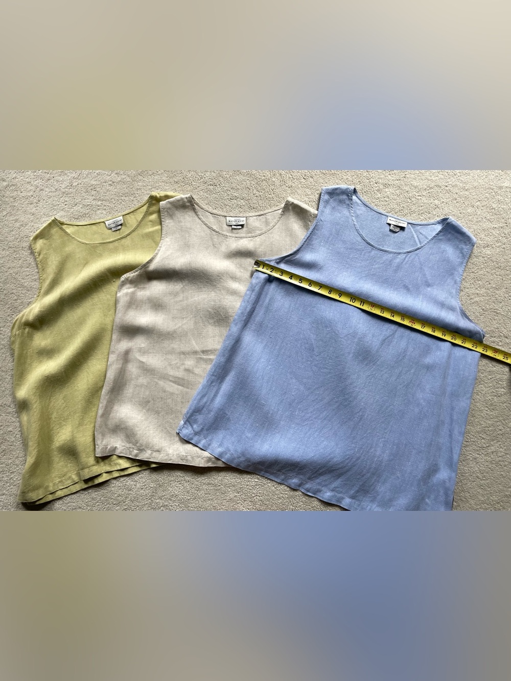 Three Match Point  Sleeveless Linen Shell Tops- Light Olive, beige & Lilac-Blue - Picture 2 of 4